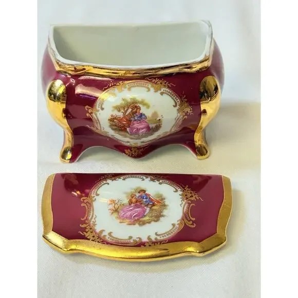 Vtg Porcelain SA Limoges Courting Couple Burgundy &Gold Trinket Box